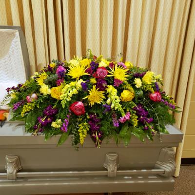 Purple and Yellow Casket Spray