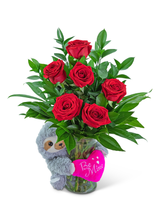 Be Mine Classic Six Red Roses with Sloth