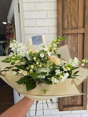 Elegant White & Blush Wrapped Bouquet | Soft Neutral Flowers by La Fiorella Floral Design